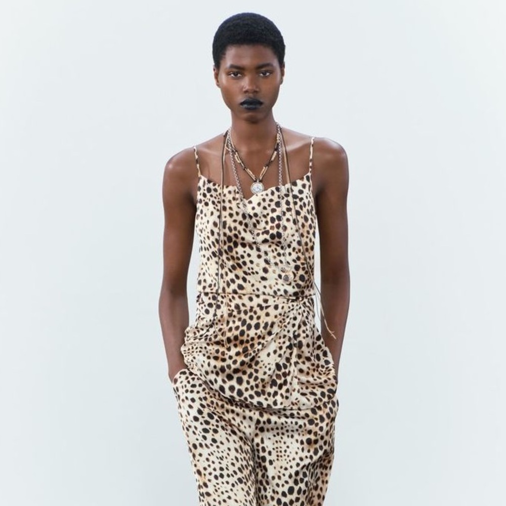 ZARA LEOPARD PRINT SATIN EFFECT DRAPED THIN STRAP CAMI TOP with TIE S